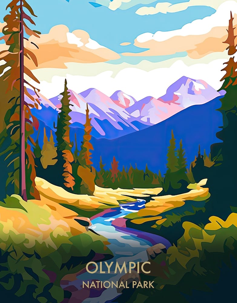 Olympic National Park Travel Poster Illustration Style 6