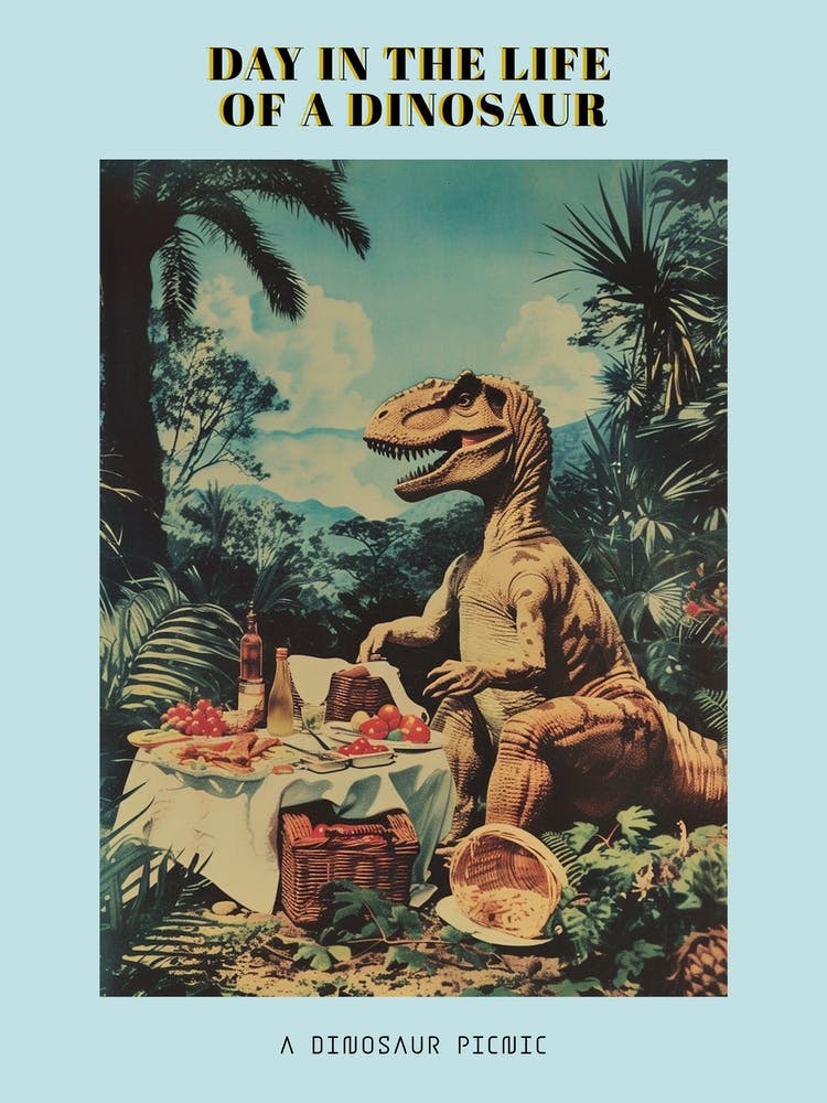 Dinosaur Having A Picnic Retro Collage 4 Poster