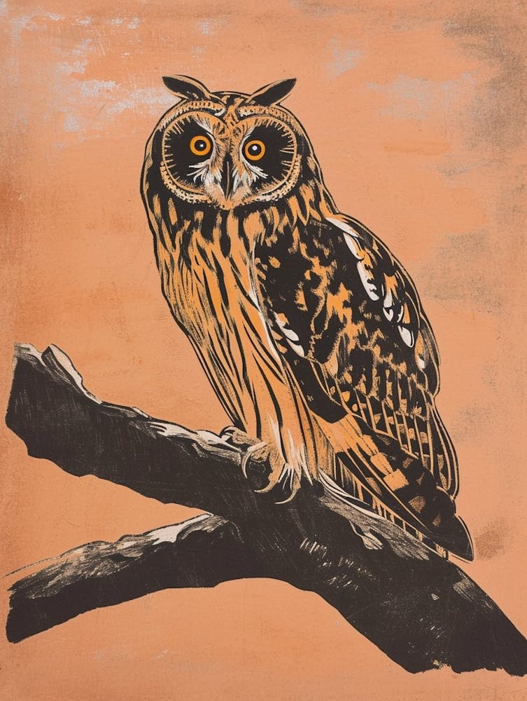 Short Eared Owl Linocut Blockprint 2