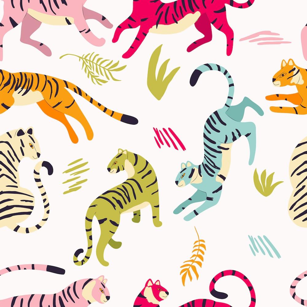 Colorful Tiger Pattern On White With Floral Decoration Square