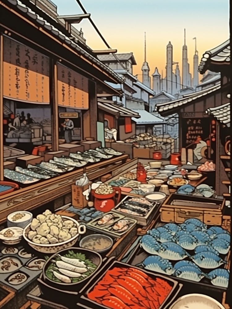 Tsukiji Fish Market, Japan Vintage Travel Art 2