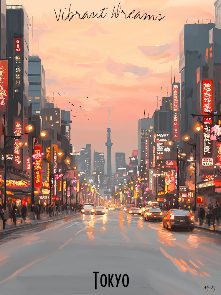 Tokyo, minimalist soft tones palette, watercolor poster
