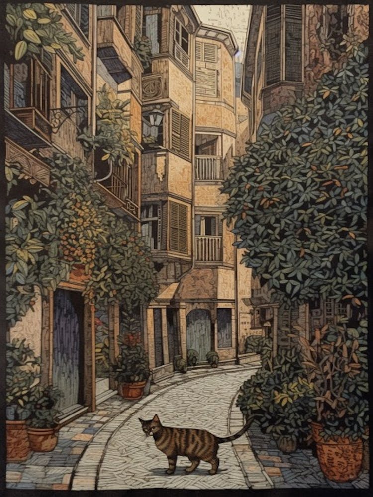 Peinture de Rome Avec Un Chat Dans le Style de William Morris 1