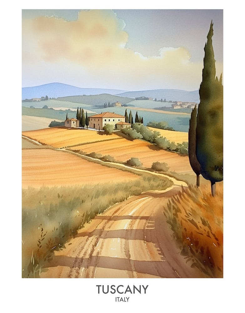 Tuscany Italy Watercolour Travel Poster 1
