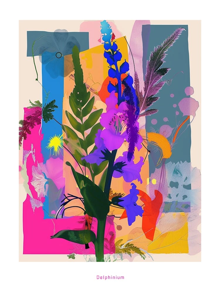 Delphinium 4 Neon Blumen Collage Poster
