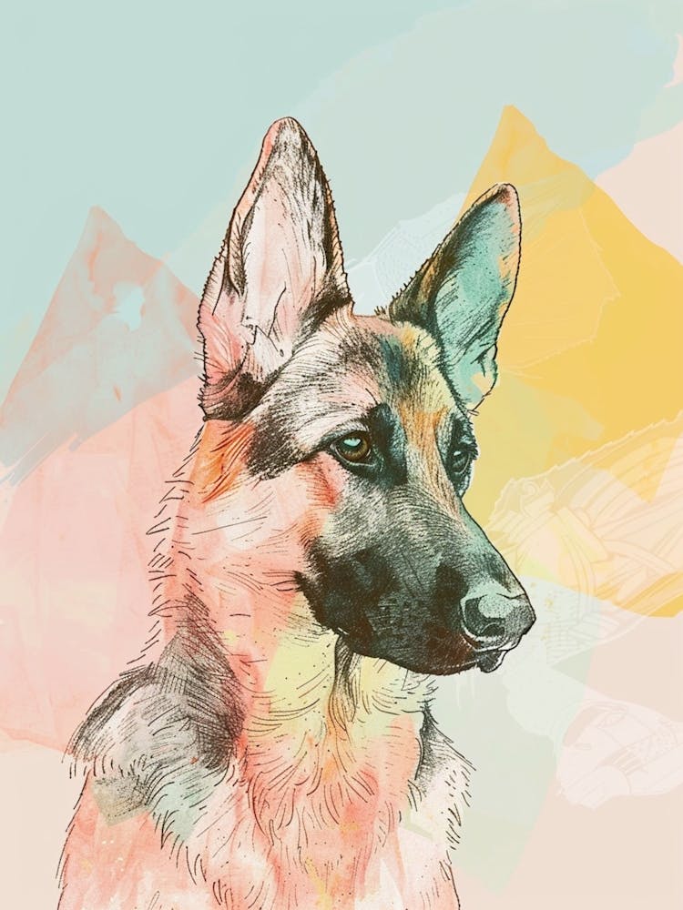 German Shepherd Dog Pastel Line Watercolour Illustration  2