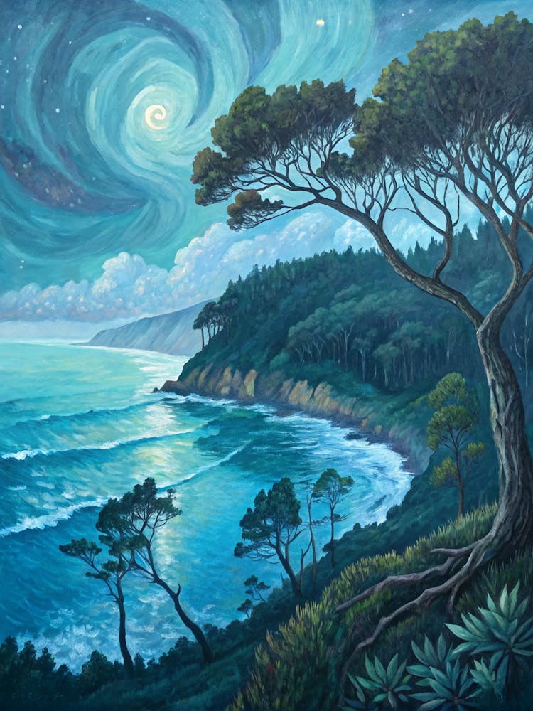 Coastal Landscape at Night A Surrealist Oil Painting In The Style Of Van Gogh