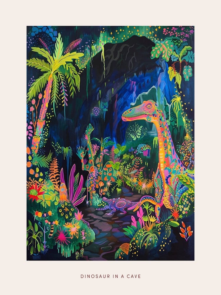 Dinosaur In The Colourful Cave Painting 3 Poster