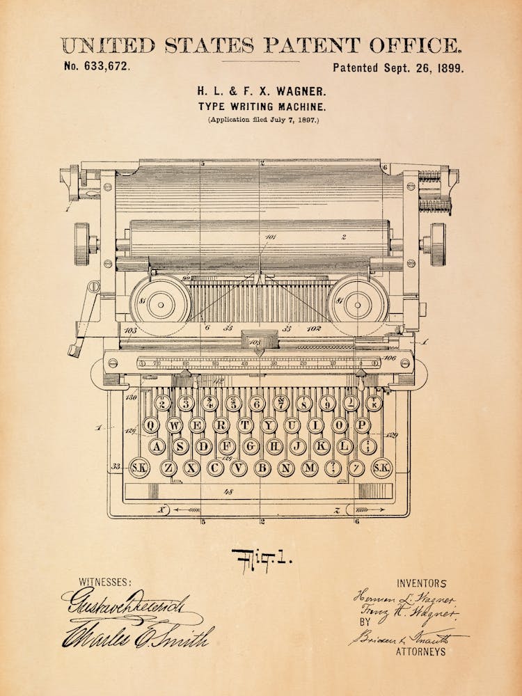 Typewriter Patent Blueprint Retro Illustration