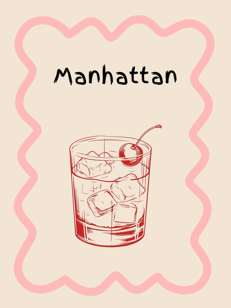 Manhattan Cocktail Doodle Poster Pink & Red