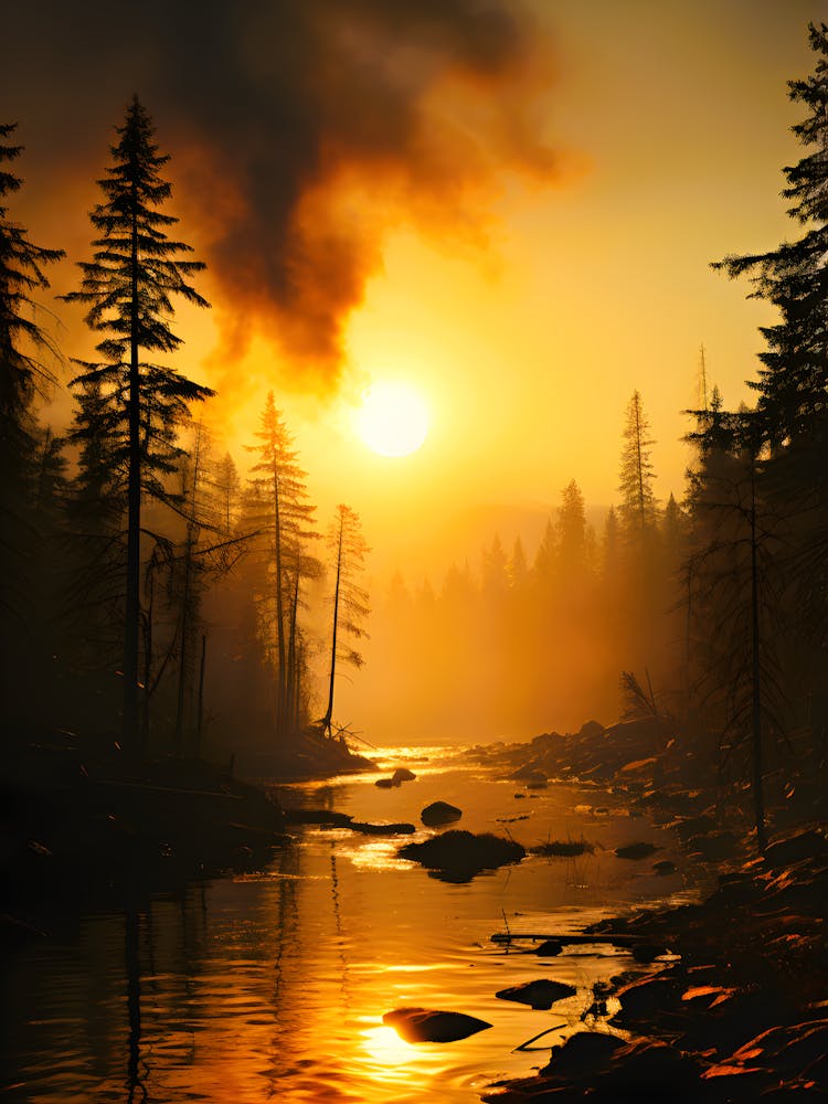 Golden Forest Fire – Dramatic Sunset Landscape With Smoky Sky, Nature Wall Decor