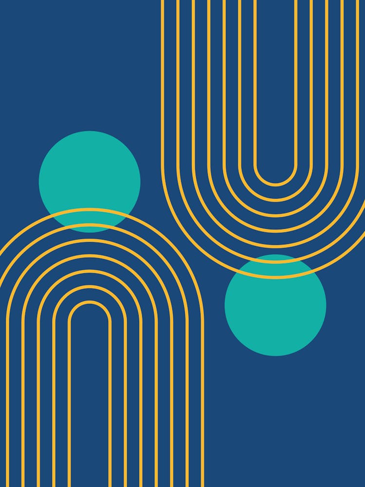 Mid Century Modern Geometric cI in Cottage Teal Navy Blue Mustard Yellow (Rainbow and Sun Abstraction)