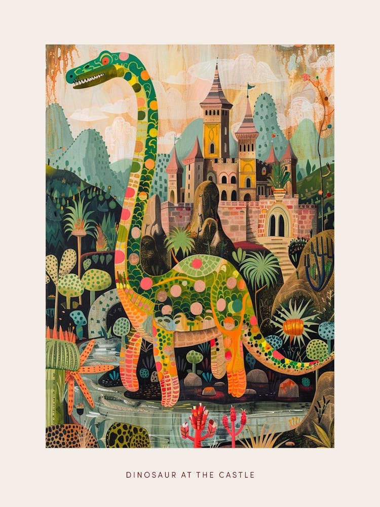 Dinosaur In The Castle Garden Painting 2 Poster