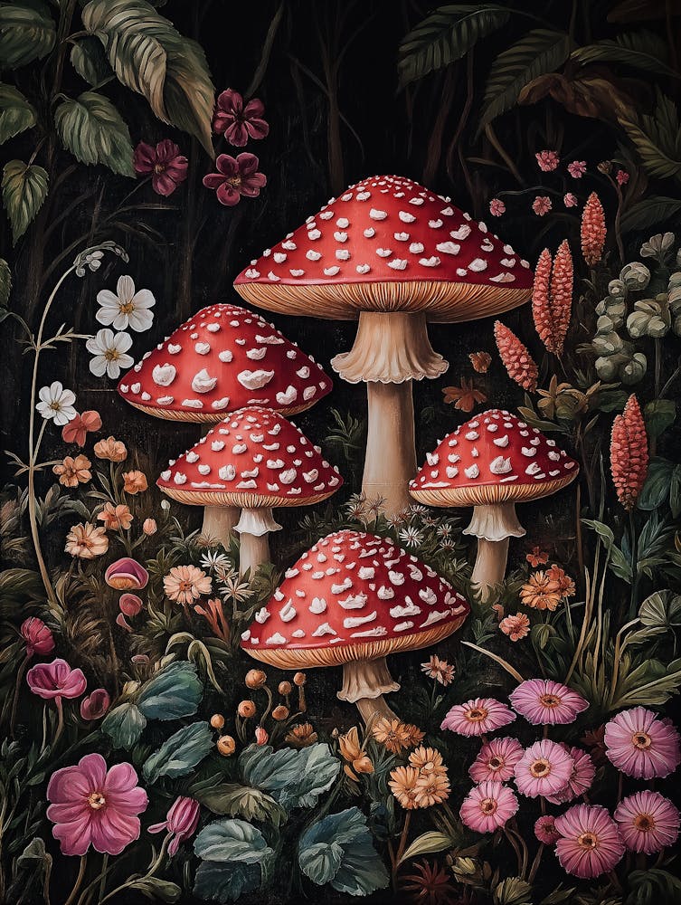 Red Mushrooms With White Spots Standing In The Dark Forest Surrounded By Flowers And Plants