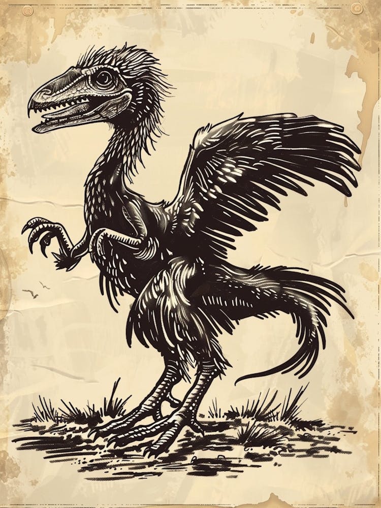 Microraptor Dinosaur Black Ink Illustration 1