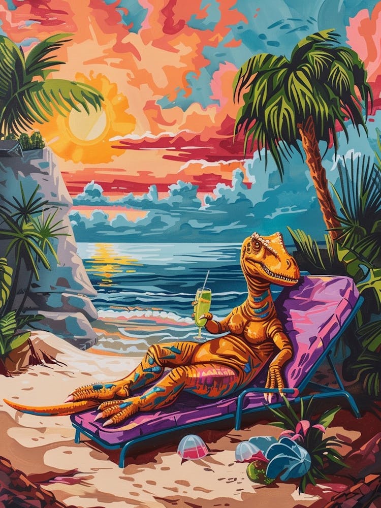 Dinosaur On A Sun Lounger With A Cocktail Painting 1