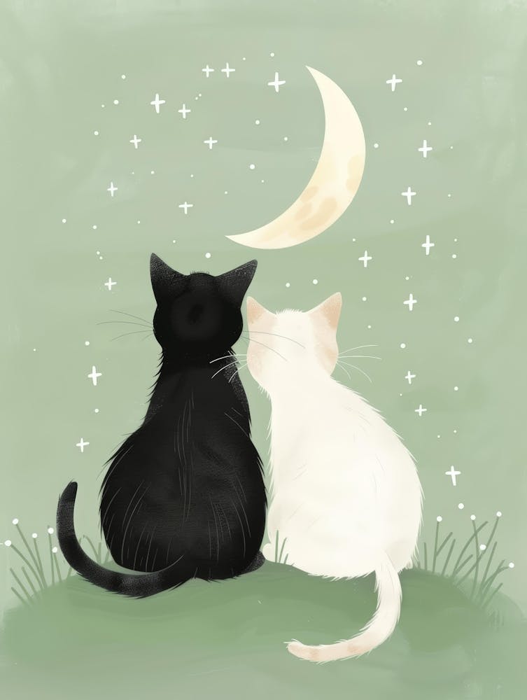 Two Cats Watching The Moon