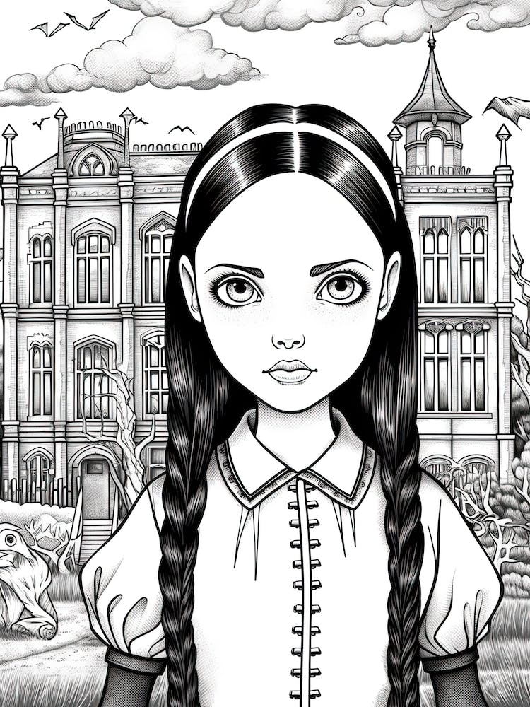 Nevermore Academy With Wednesday Addams And A Cat Line Art 3 Fan Art