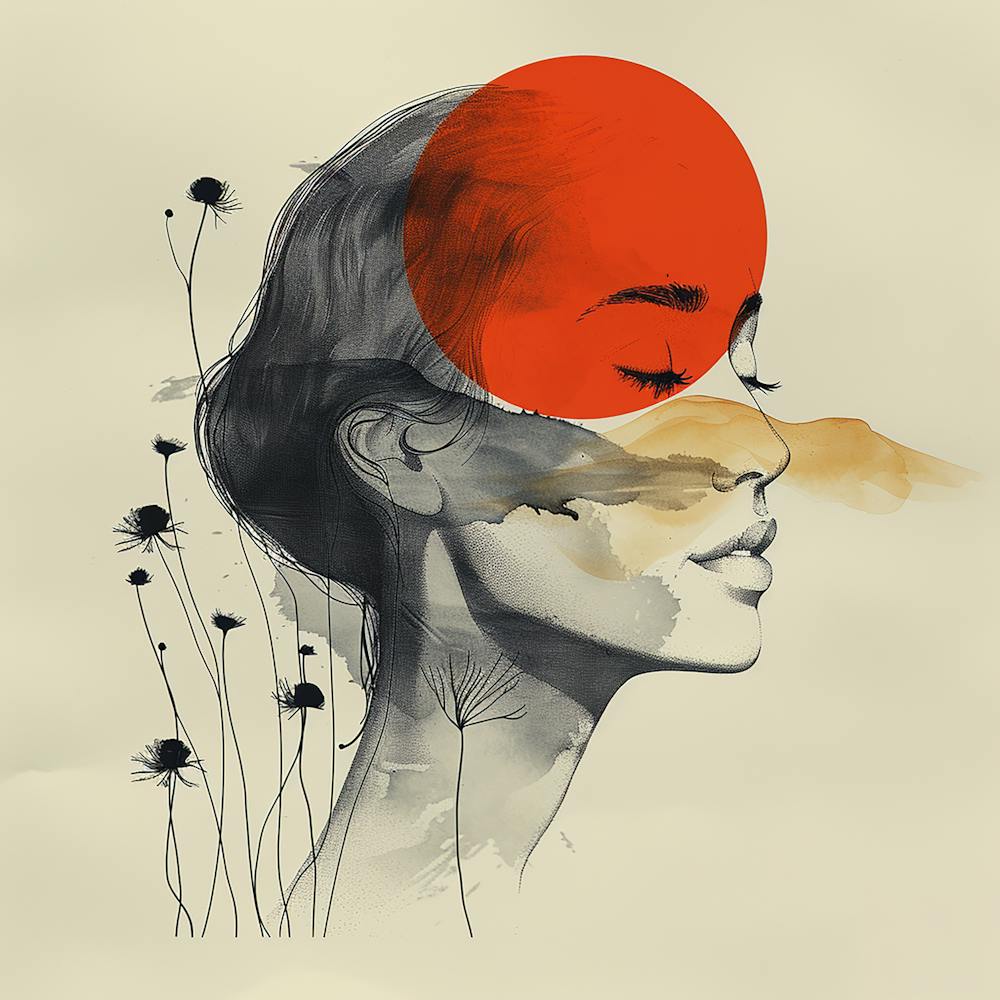 Abstract Painting 4 - Woman's face with red sun, city wall art, colorful wall art, home decor, minimal art, modern wall art, wall art, wall decoration, wall print colourful wall art, decor wall art, digital art, digital art download, interior wall art, do