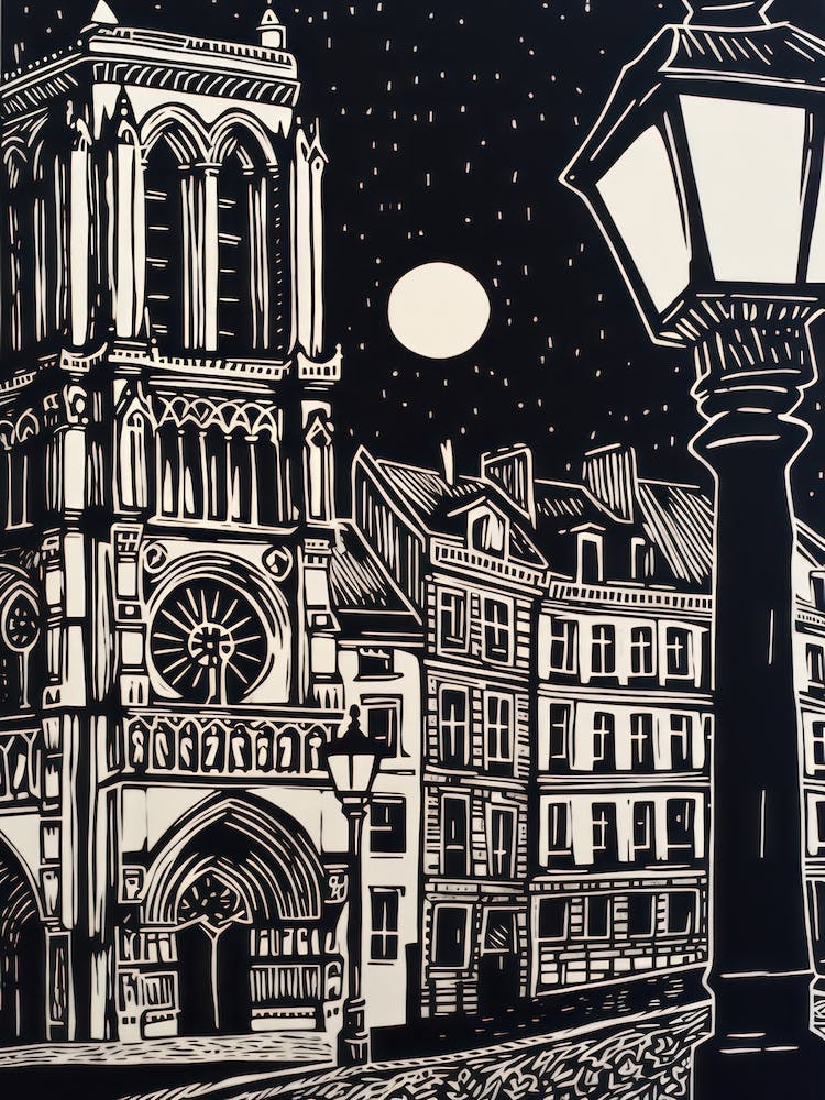 Paris France Linocut Illustration Style 1