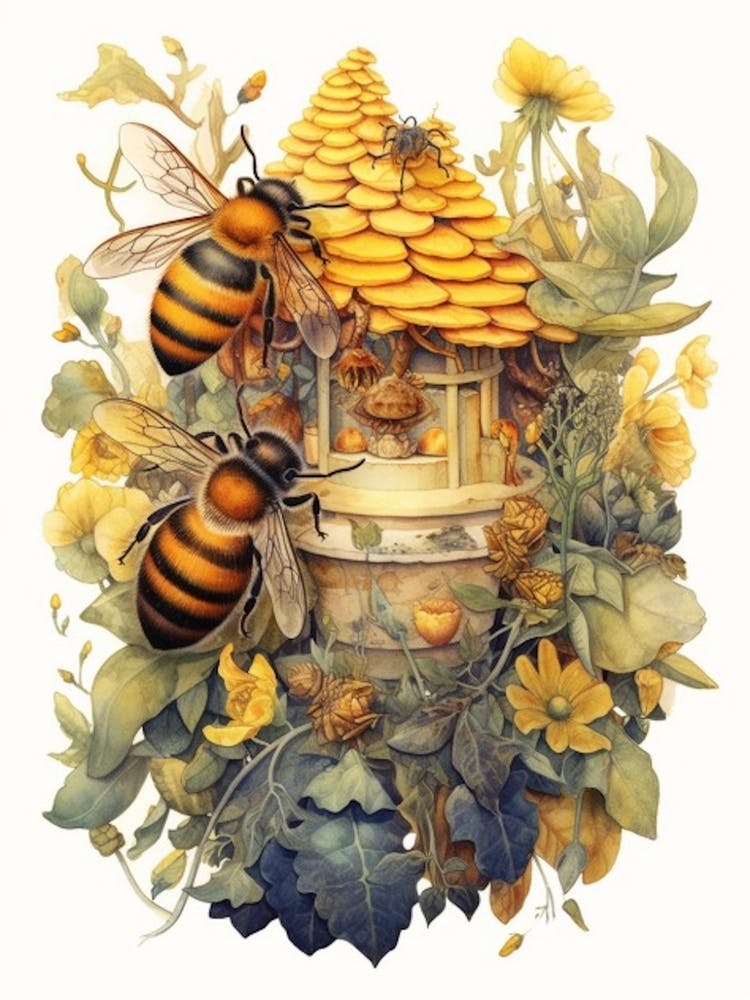 Yellow Faced Bee Beehive Watercolour Illustration 2