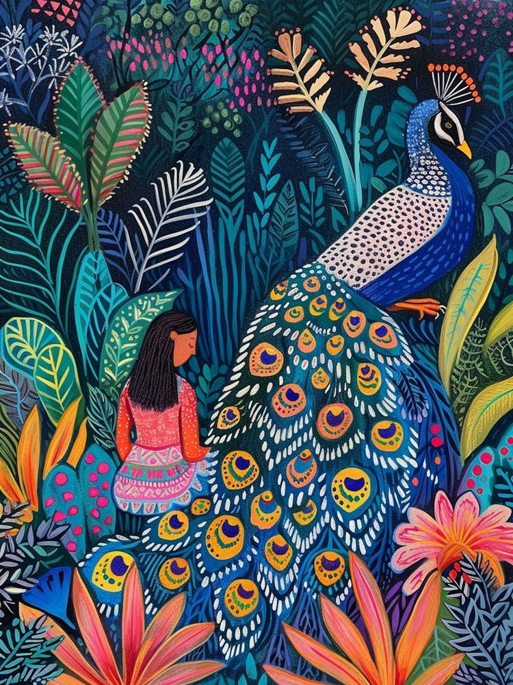 Folky Floral Peacock At Night With The Plants 2