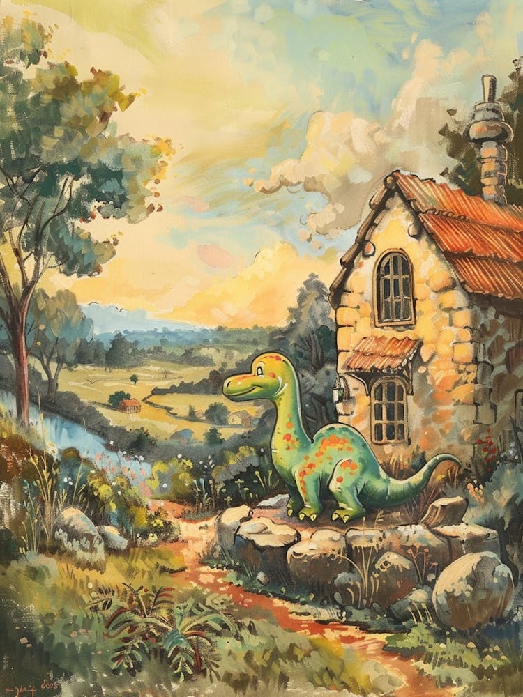Dinosaur Outside A Home Storybook Painting 1