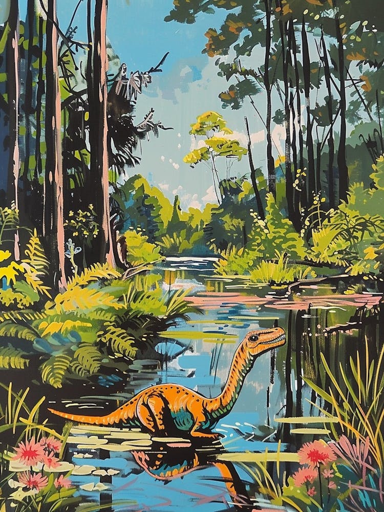 Dinosaur In A Woodland Lake Painting
