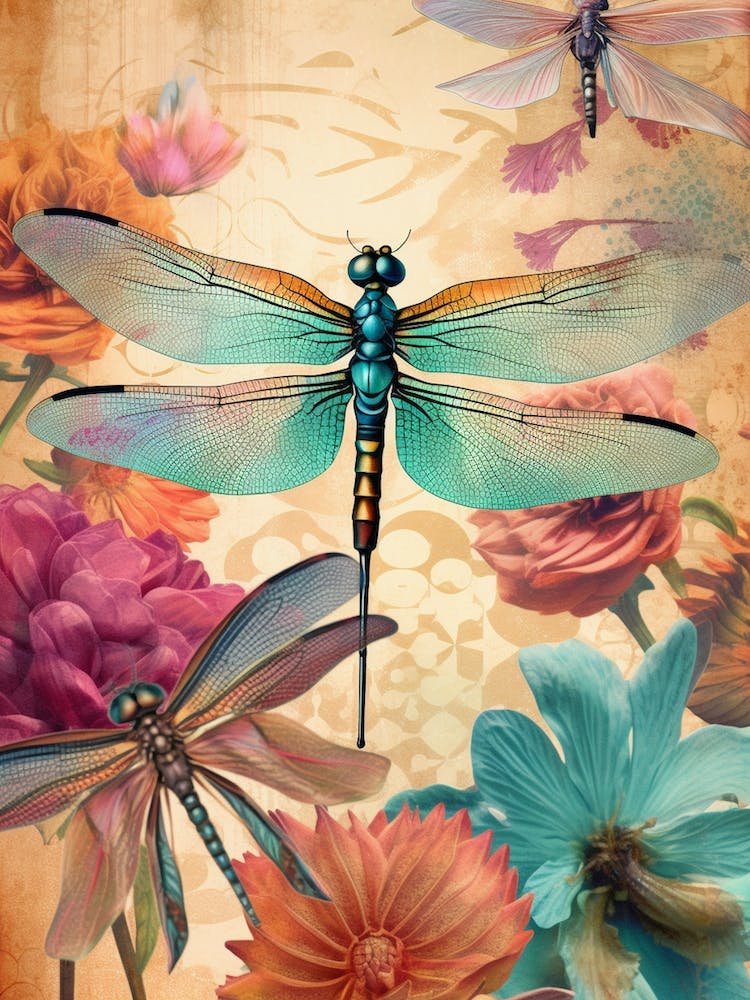 Dragonfly Collage Bright Colours 3