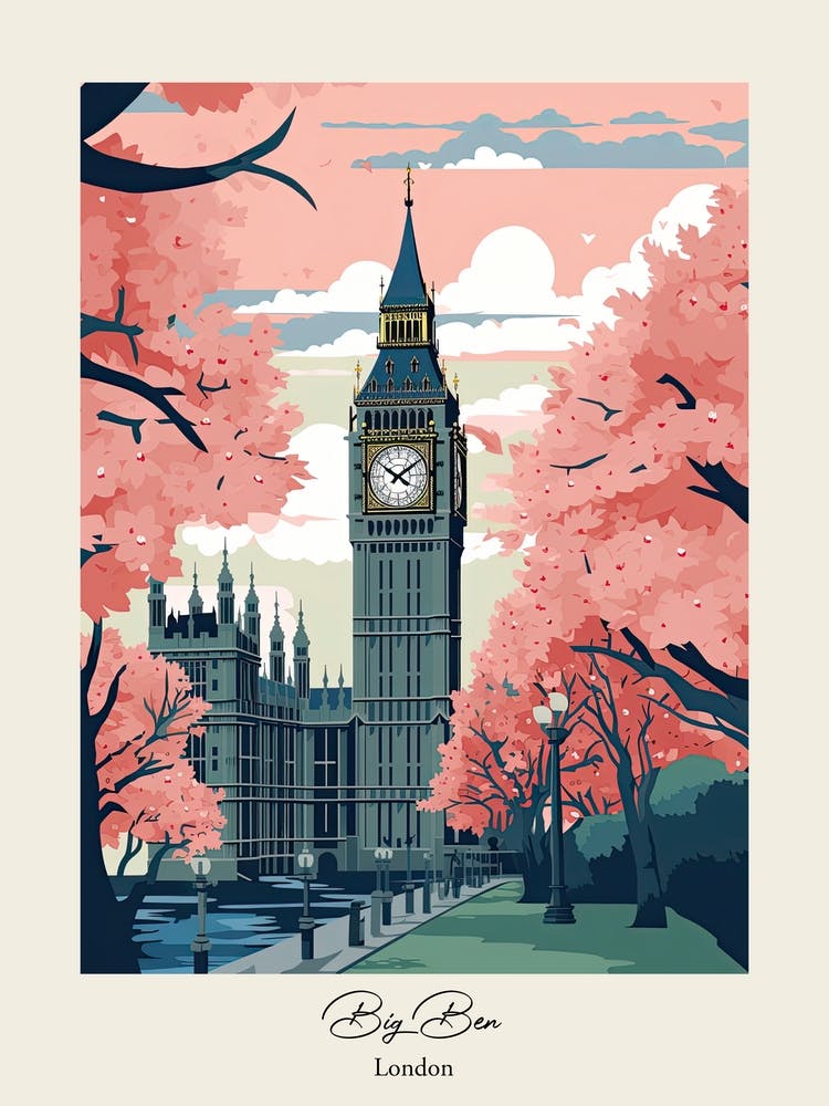 Big Ben, London   Cute Botanical Illustration Travel 10 Poster