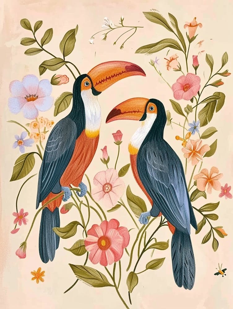 Folksy Floral Animal Drawing Toucan