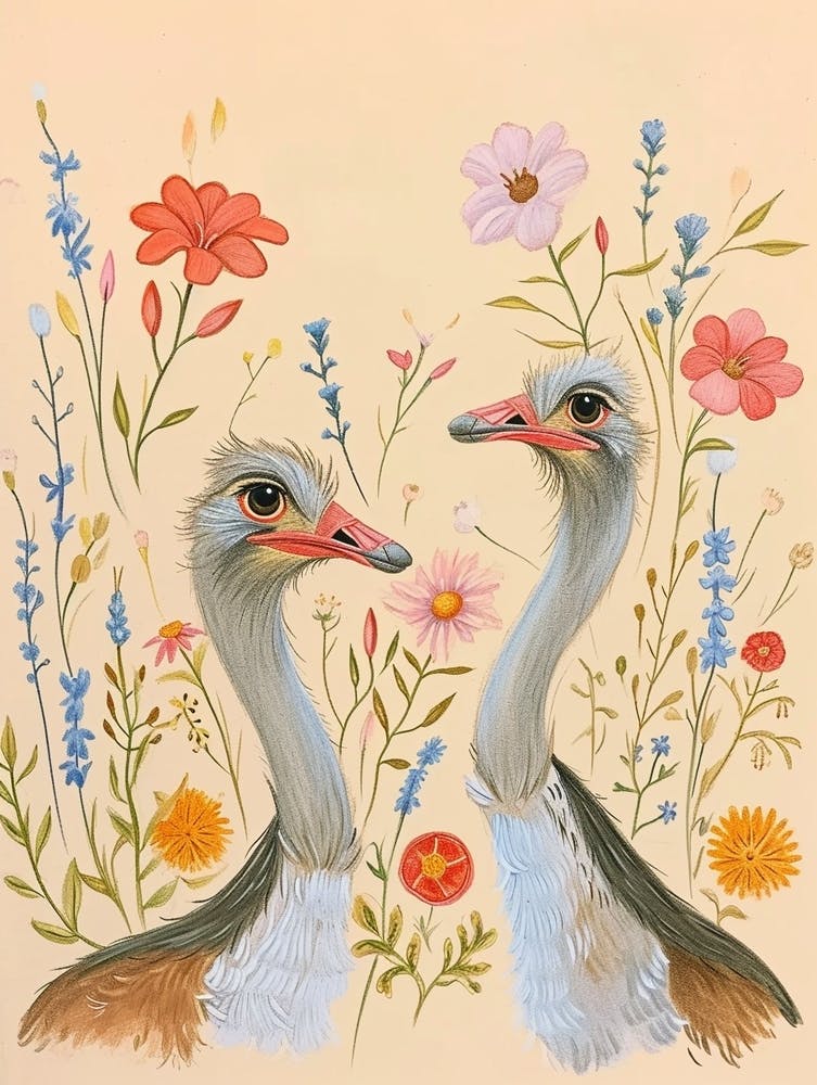 Folksy Floral Animal Drawing Ostrich 2