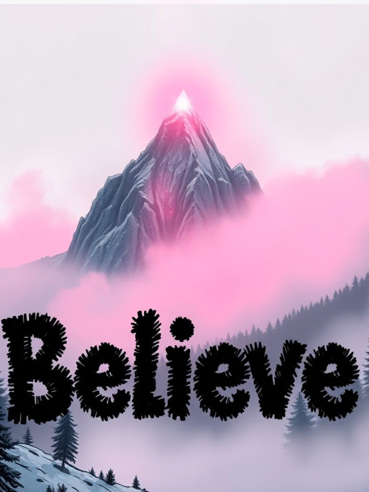 Believe fuzzy words pink sign mountain 