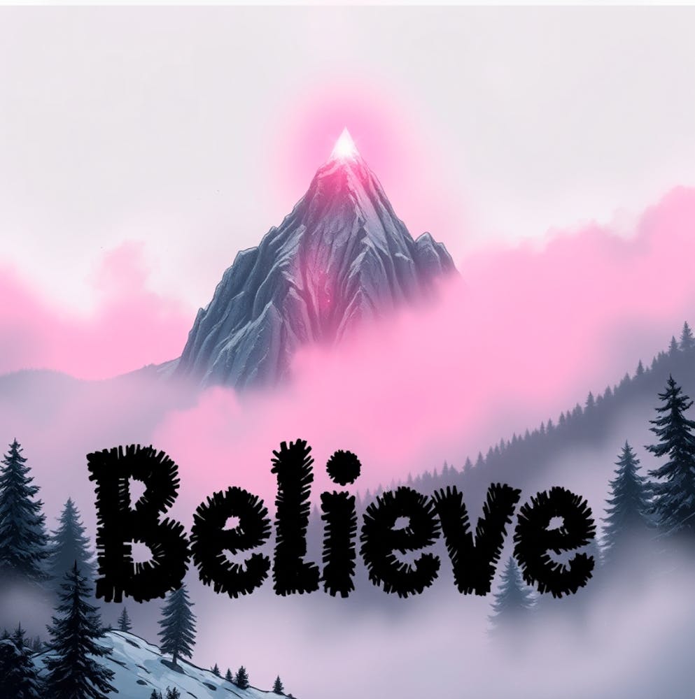 Believe fuzzy words pink sign mountain 