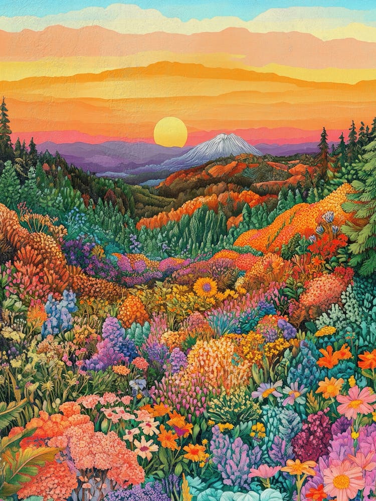 enchanted landscape painting of Hills and flower valleys fin hot pink, green, ochre in the style of Paul Cézanne – fantasy landscape artwor in the style of impressionism, perfect for dreamy cottagecore interiors, nature-themed rooms, or cozy spaces