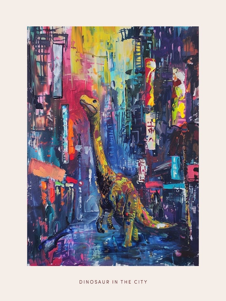 Colourful Dinosaur Cityscape Painting 5 Poster