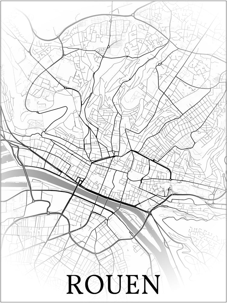 Rouen, Seine Maritime, France, City Map, Black And White Fade Design