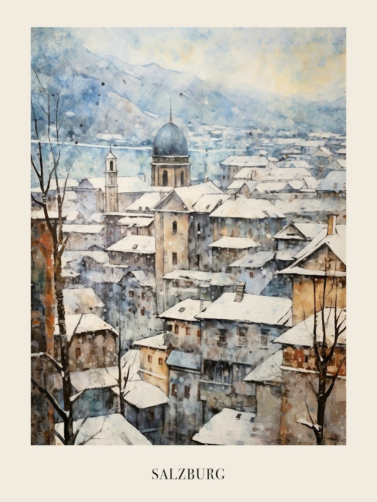 Vintage Winter Painting Poster Salzburg Austria 1