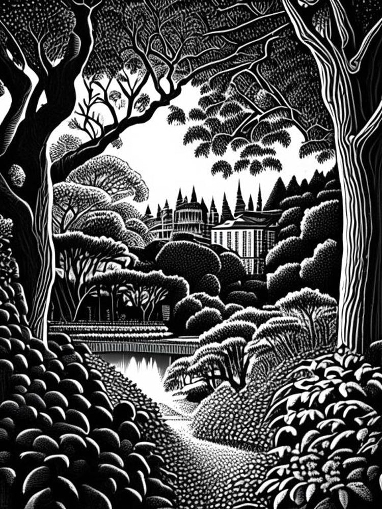 Parco Sempione, Italy Linocut Black And White Vintage