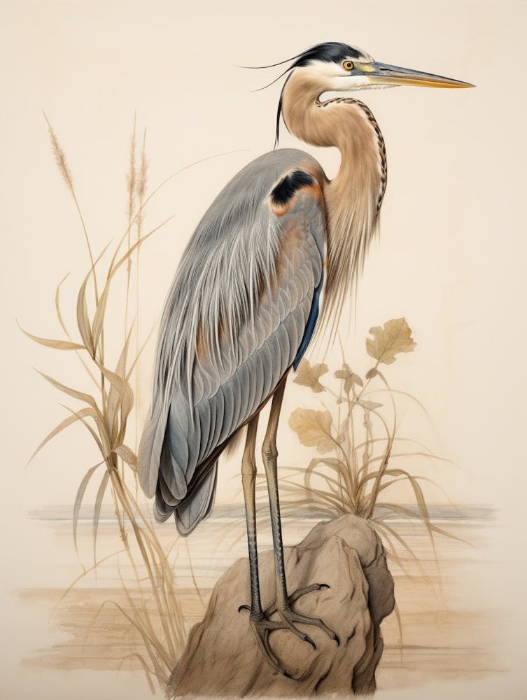 Vintage Bird Drawing Great Blue Heron 1