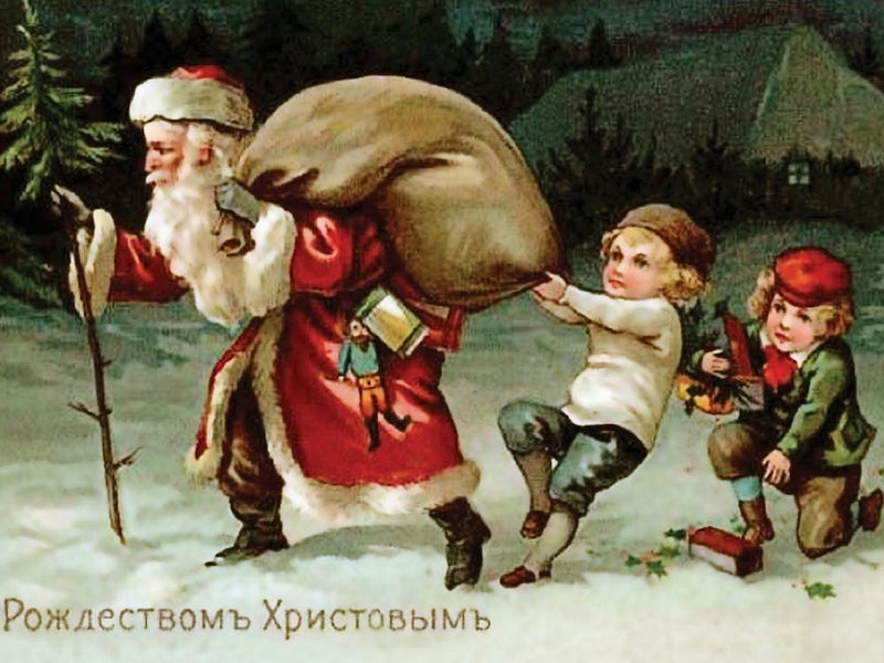 Santa Claus And Two Kids On His Back, Vintage Russian Holiday Poster