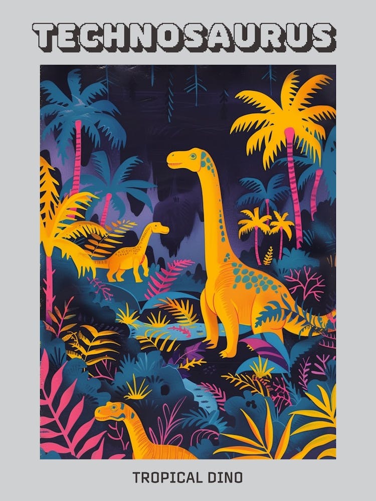 Colourful Dinosaur In The Jungle Leaves Painting 1 Poster Art