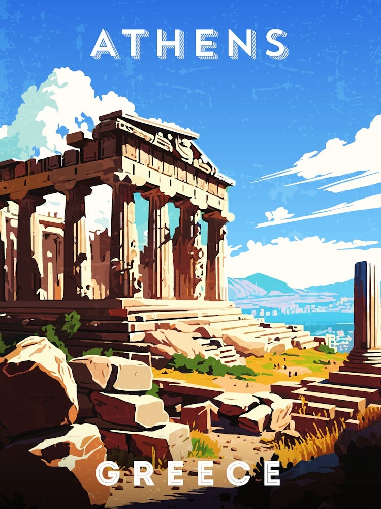 Greece, Athens — Retro travel minimalist poster, retro travel art, retro travel wall art, vector art