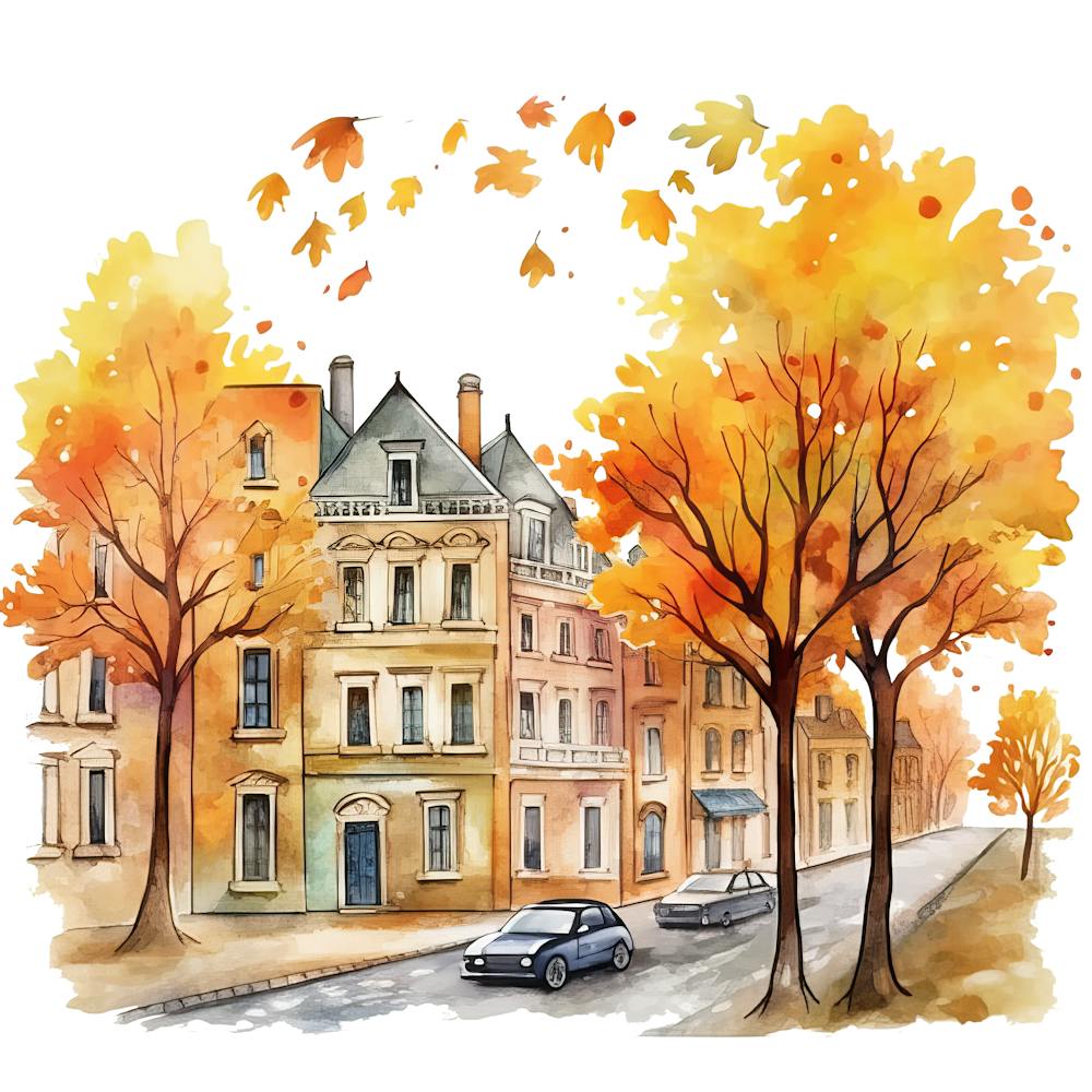 Watercolor Autumn Street 2