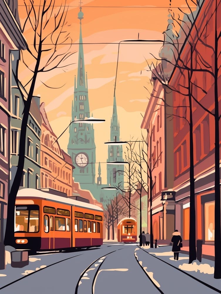 Vintage Winter Travel Illustration Munich Germany 1