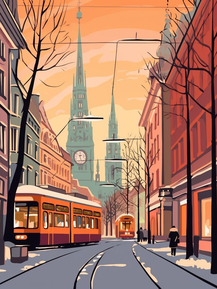 Vintage Winter Travel Illustration Munich Germany 1