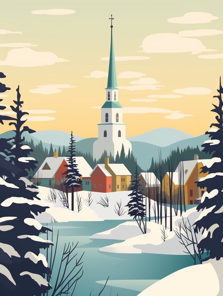 Vintage Winter Travel Illustration Rovaniemi Finland