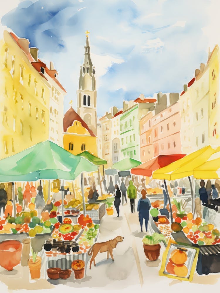 Food Market With Cats In Vienna 1 Watercolour