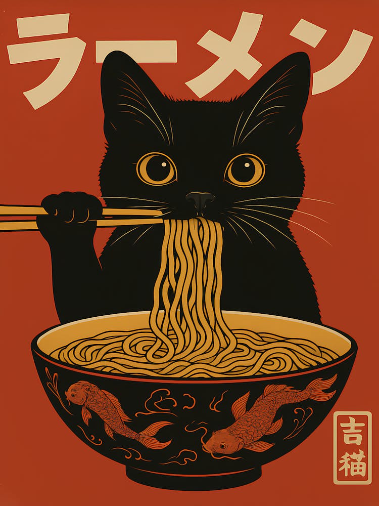 Vintage Cat Eating Ramen Wall Art, Retro Japanese Poster Print, Noodle Lover Gift, Quirky Cat Illustration