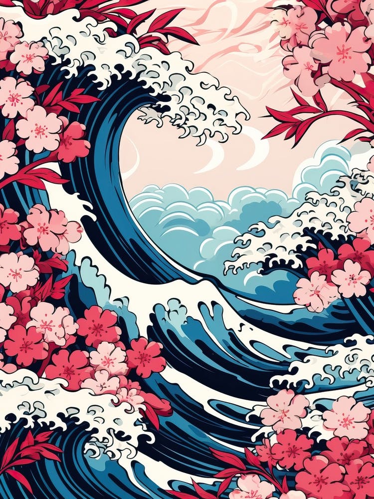 Great Wave With Cherry Blossom Flower Drawing In The Style Of Ukiyo E 3